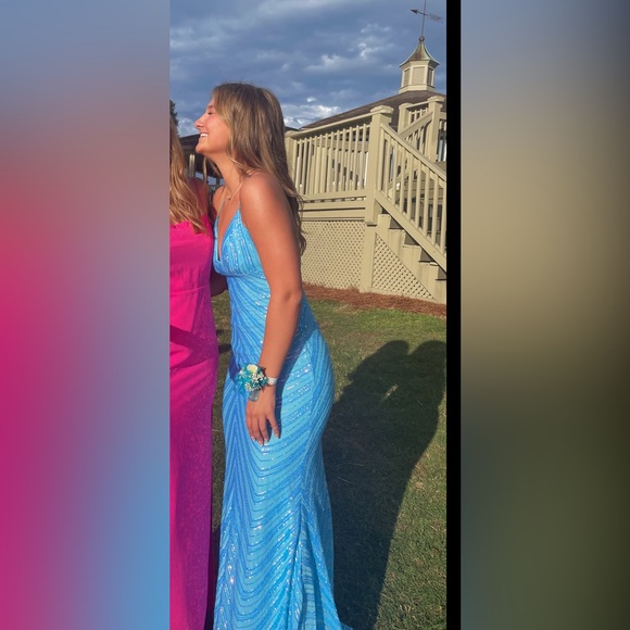 B. Darlin Pattern Sequin Cross Back Long Dress - Picture 3 of 4